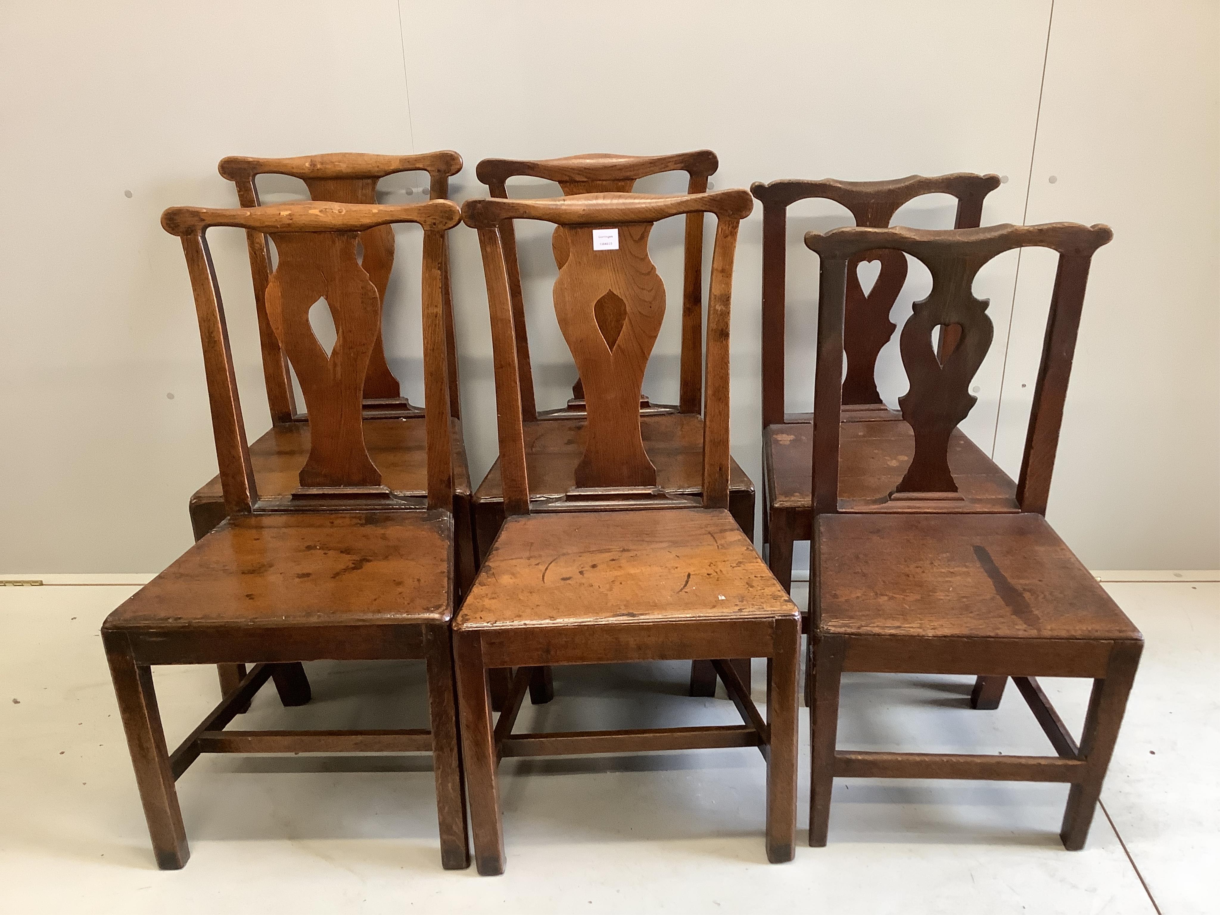 A set of four mid 18th century oak cottage dining chairs, and a pair of similar chairs. Condition - fair